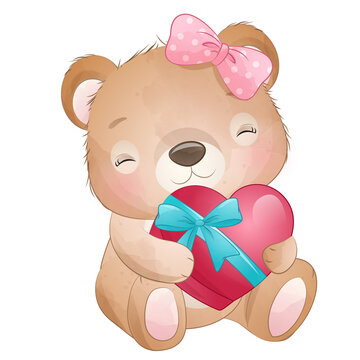 Cute bear Happy Valentine Sweet Heart Love watercolor illustration