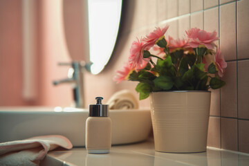 a close-up shot of bathroom sink in a bathroom with a sweet and cute color