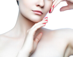Obraz na płótnie Canvas Partial woman portrait. Lips, neck, clean skin, natural nude make-up. Skincare facial treatment concept