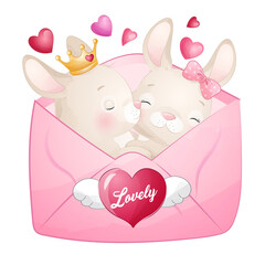 Cute Rabbit Happy Valentine Sweet Heart Love watercolor illustration