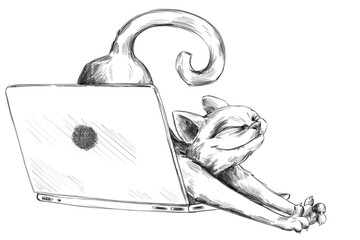 Bleistift Zeichnung Cartoon einer niedlichen Katze, die sich zufrieden auf der Tastatur eines Laptops streckt und räkelt im Homeoffice