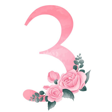 Number 3 with roses pink watercolor illustration