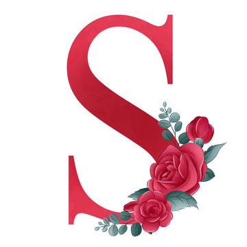 Alphabet S with roses watercolor illustration