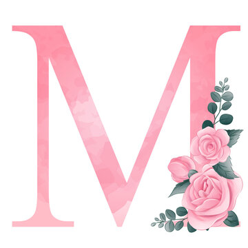 Alphabet M with pink roses watercolor illustration