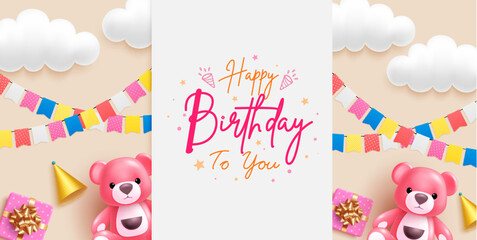 Happy birthday text vector template design. Birthday pennants and teddy bear with clouds and surprise elements. Vector illustration holiday greeting card.