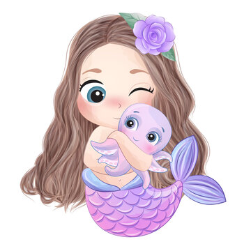 Cute Mermaid with octopus watercolor illustration