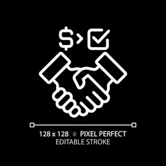 2D pixel perfect white linear icon of people handshaking with dollar and checkmark sign, isolated vector illustration of partnership for dark mode.