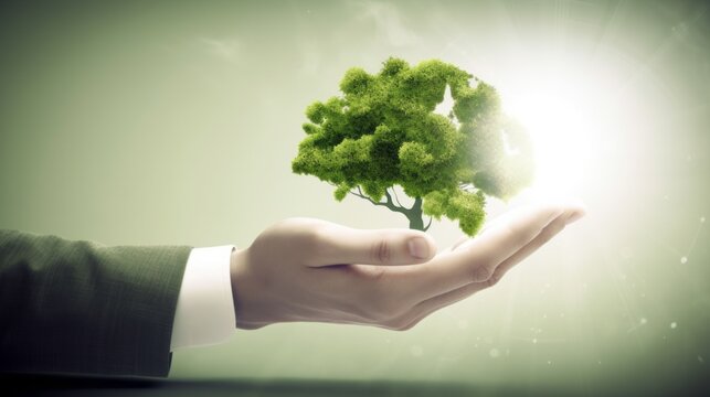 Sunlit Hand Cradling a Tree: An Image of Environmental Stewardship, generated with ai tools