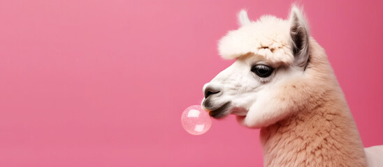 Fototapeta premium Funny llama blowing gum isolated on hot pink background with copy space. Generative AI illustration.