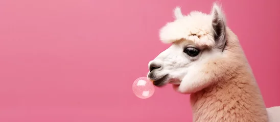 Foto auf Alu-Dibond Funny llama blowing gum isolated on hot pink background with copy space. Generative AI illustration. © Anastasia