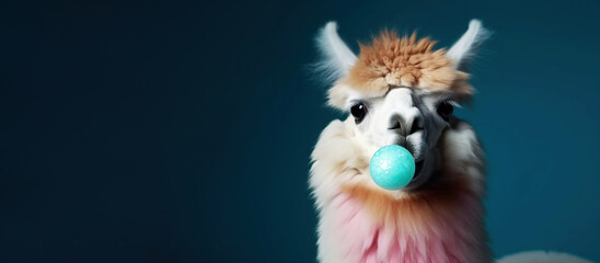 Fototapeta na wymiar Funny llama blowing gum isolated on blue background with copy space. Generative AI illustration.