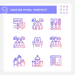 Various pixel perfect gradient icons set representing voting and election, isolated vector illustration, politics signs.