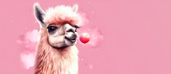 Watercolor llama blowing gum isolated on blue background with copy space. Generative AI illustration.