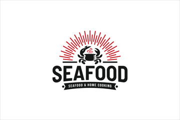 eye catching seafood and home cooking logo with combination of a crab, cauldron and sunshine in vintage style