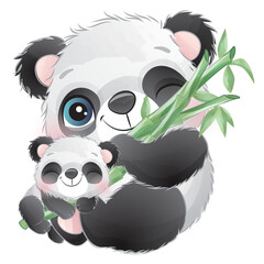 Cute Panda and baby panda with bamboo watercolor illustration