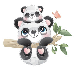 Cute Panda and baby panda on tree branch watercolor illustration