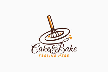 cake and bake logo with a combination of a beautiful lettering and whisk in a line style