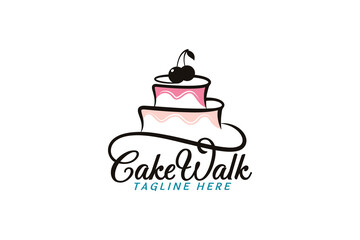 cake walk logo with a combination of a beautiful lettering and cake in a line style