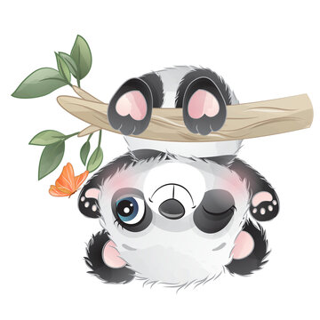 Cute Panda on tree branch watercolor illustration