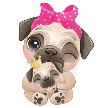 Cute Pug and baby Pug watercolor illustration