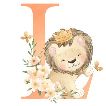Cute lion with alphabet L watercolor illustration