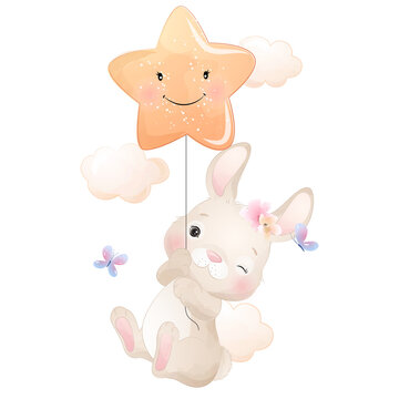 Cute rabbit flying with star balloon watercolor illustration