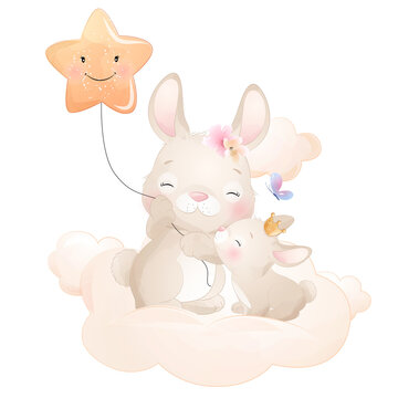 Cute rabbit and baby rabbit sitting on cloud with star balloon watercolor illustration