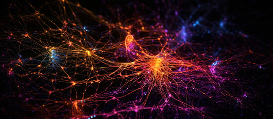 Fototapeta na wymiar Illustration of neural cells with a light pulse on a dark background. Generative AI. Panoramic, horizontal background.