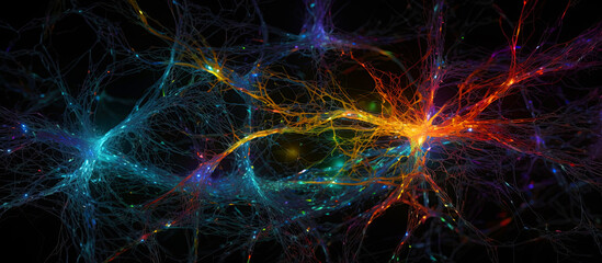 Neural cells with a light pulse on a dark background. Generative AI Illustration. Panoramic, horizontal background.