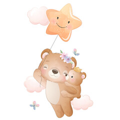 Cute bear and baby bear flying with star balloon watercolor illustration