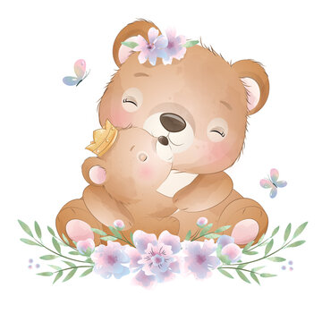 Cute bear and baby bear with floral watercolor illustration