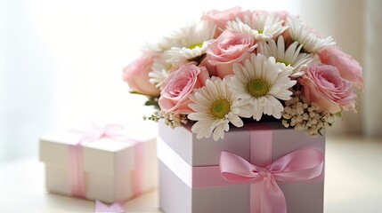 bouquet of pink roses on top of a gift box