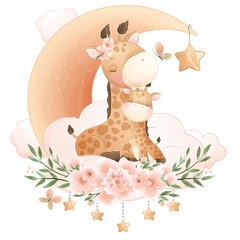 Cute giraffe sleeping on cloud with moon floral watercolor illustration