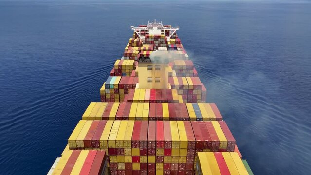 Aerial drone top view video of heavy loaded cargo container ship cruising the ocean for logistics import export, shipping or transportation
