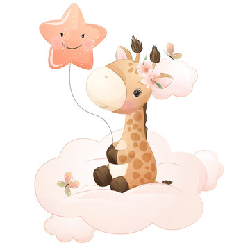 Cute giraffe sitting on cloud with star balloon watercolor illustration