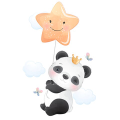 Cute panda flying with star balloon watercolor illustration