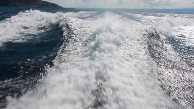Wake of motorboat in Mediterranean Sea off Alghero, Sardinia, Italy, Southern Europe, Europe