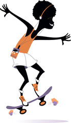 African young man a skateboarder. 
Active lifestyle idea. Cartoon African teenager riding on a skateboard
