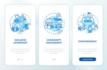 Obraz na płótnie Canvas Create inclusive culture blue onboarding mobile app screen. Walkthrough 3 steps editable graphic instructions with linear concepts. UI, UX, GUI template. Myriad Pro-Bold, Regular fonts used