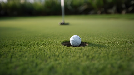 closeup golf ball in golf hole on green grass created with Generative AI