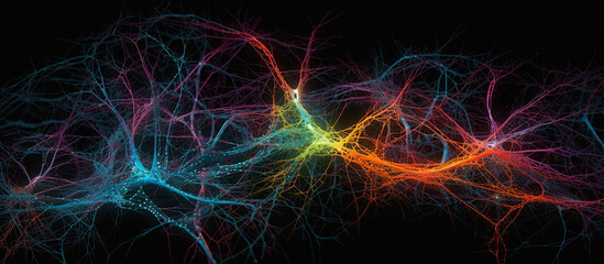 Generative AI Illustration of neural cells with a light pulse on a dark background. Panoramic, horizontal background.