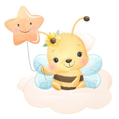 Cute bee sitting on cloud with star balloon watercolor illustration