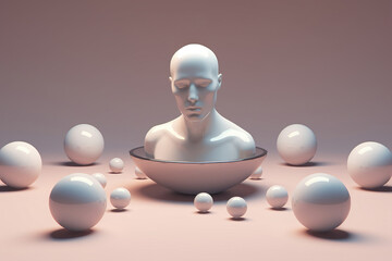 Mannequin of a man with closed eyes in a bowl on a pink background, balloons. Surreal illustration