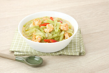 Tumis Labu Siam Udang, spicy stir fry chayote with shrimp, Indonesian traditional food
