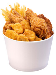 Fried chicken in paper bucket isolated on white With clipping png file.