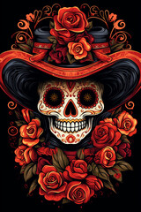 La Catrina dia de muertos Skull. Bemalter Schädel mit Blumen Deko und Hut in rot, orange und schwarz. Tag der Toten in Mexico. Hochkant. Hochformat. Generative Ai.