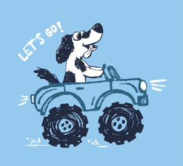 Dog monster, truck funny cool summer t-shirt print design. Racing car. Speed sport buggy big foot