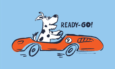 Dog racing car funny cool summer t-shirt print design. Race speed sports cabriolet auto. Slogan. Drive animal - 617666156