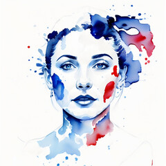woman face drawing in white red blue colors , patriotic artwork for usa, france