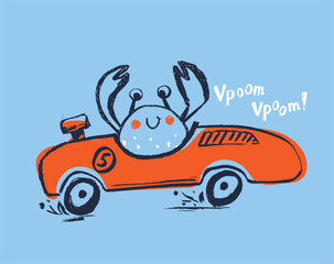 Crab racing car funny cool summer t-shirt print design. Race speed sports cabriolet auto. Slogan. Drive safari - 617666301